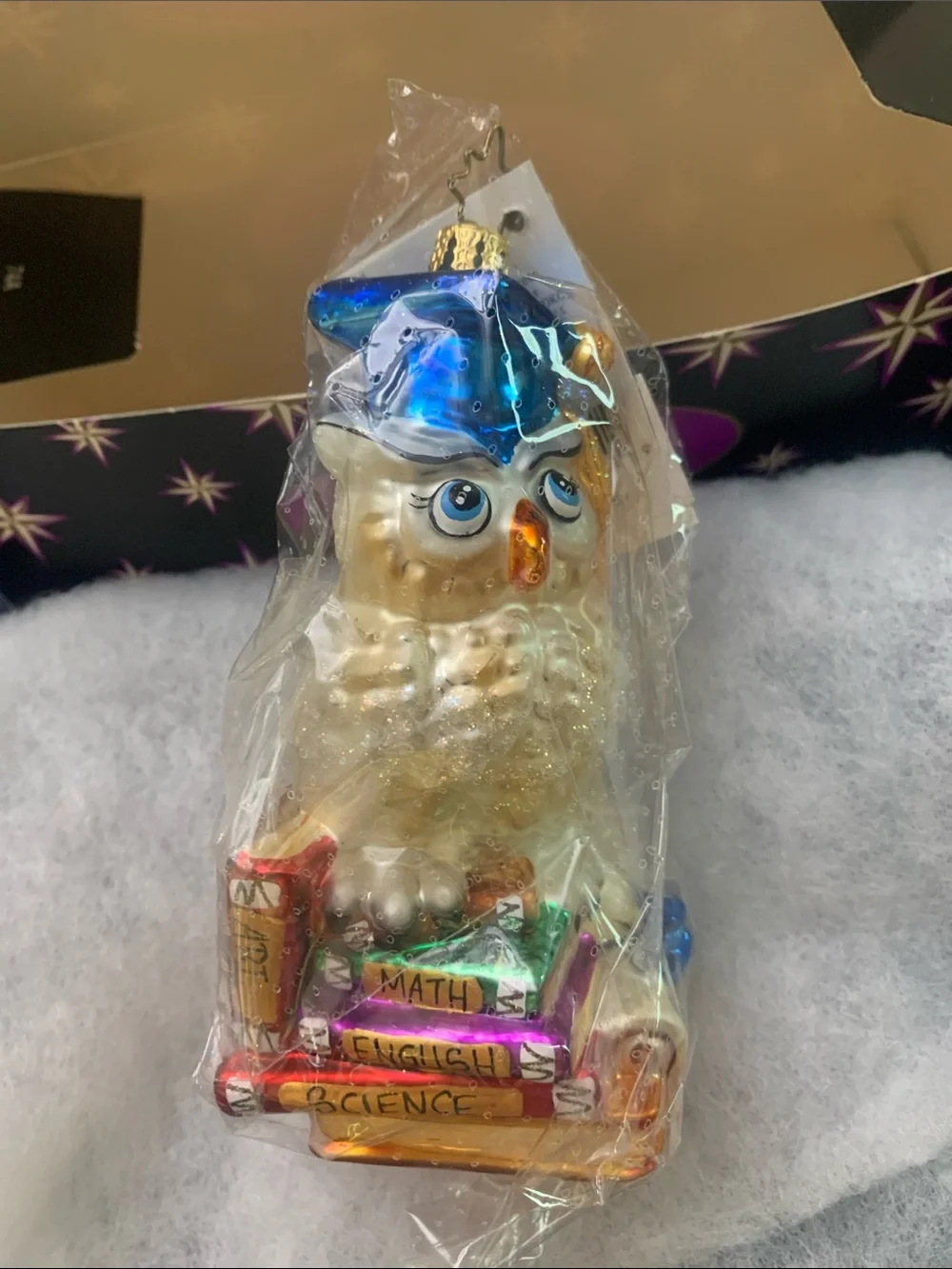 Christopher Radko Gold-Cream Owl Ornament with Blue Cap and Red Books